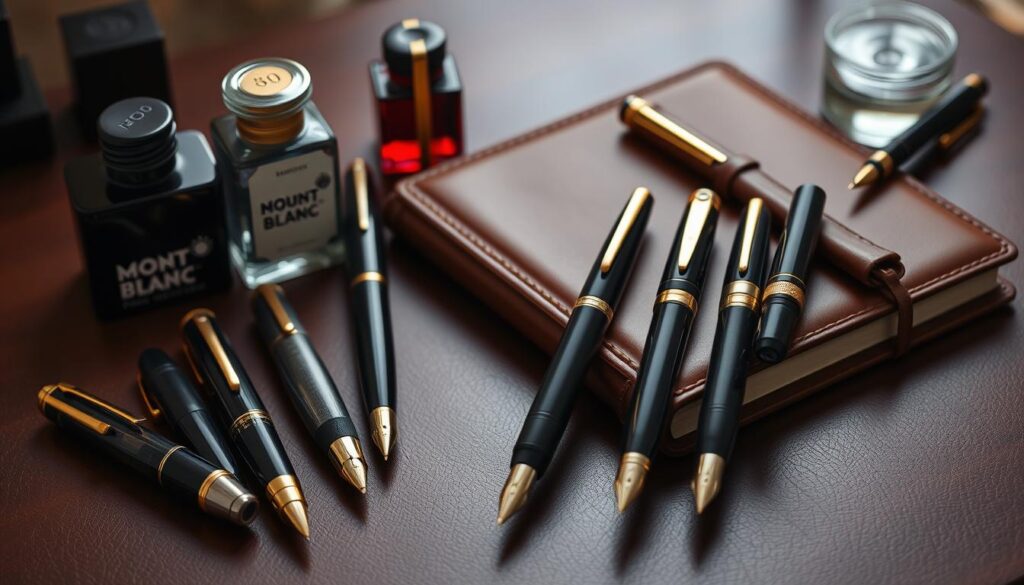 Collection of luxury pens from different brands displayed on a leather writing desk Collection of luxury pens from different brands displayed on a leather writing desk