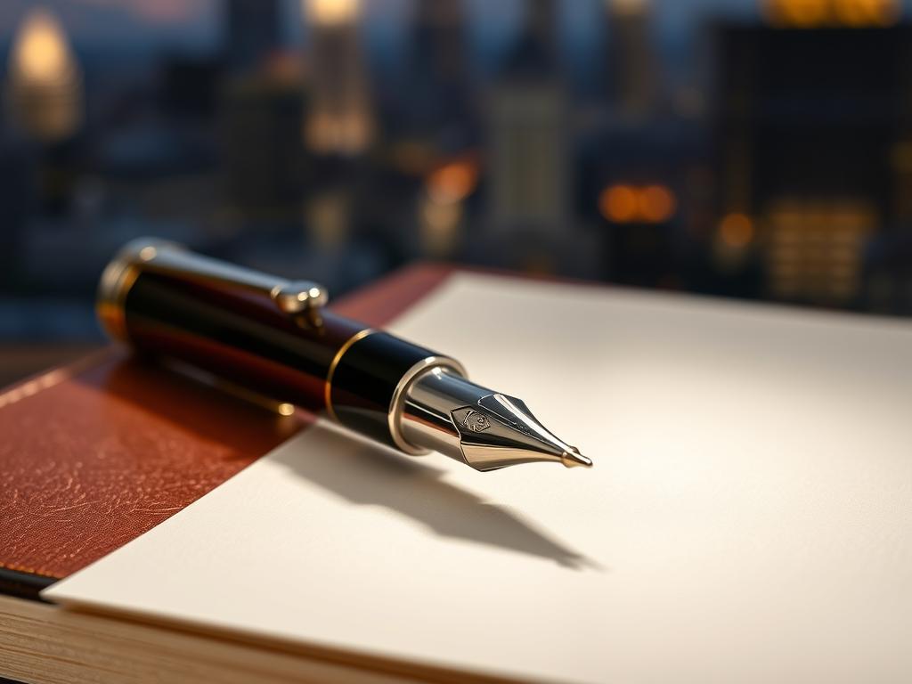 A beautifully crafted luxury fountain pen resting on a leather-bound journal, with a spotlight illuminating its intricate details. The pen's metallic body gleams under the warm lighting, its nib a delicate work of art. In the background, a blurred cityscape suggests an elegant, upscale setting. The overall composition conveys the sophistication and prestige associated with high-quality writing instruments, highlighting their appeal as a status symbol.