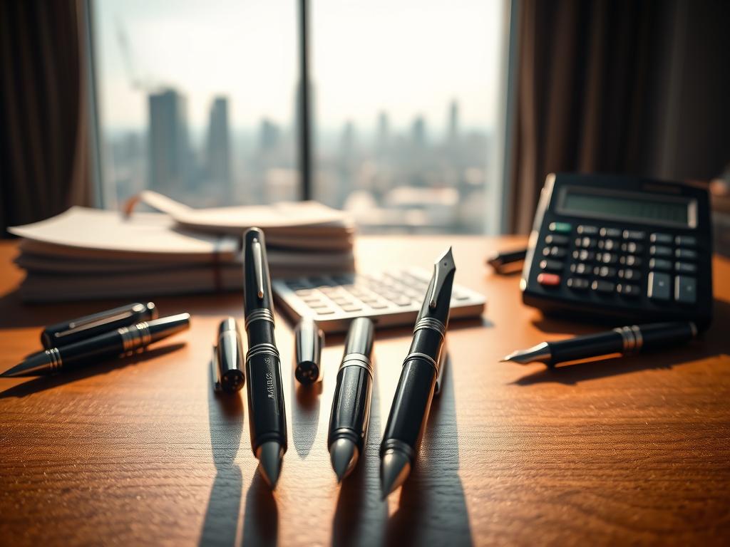 A beautifully lit studio scene showcasing a collection of fountain pens arranged on a wooden table. The pens are positioned in the foreground, casting gentle shadows and highlighting their sleek, metallic bodies. In the middle ground, a stack of accounting ledgers and a calculator suggest the budgeting process. The background features a softly blurred cityscape through a large window, conveying a sense of urban sophistication. The lighting is warm and inviting, creating a contemplative, professional atmosphere suitable for the "Budgeting for Luxury Pen: Tips and Strategies" section.