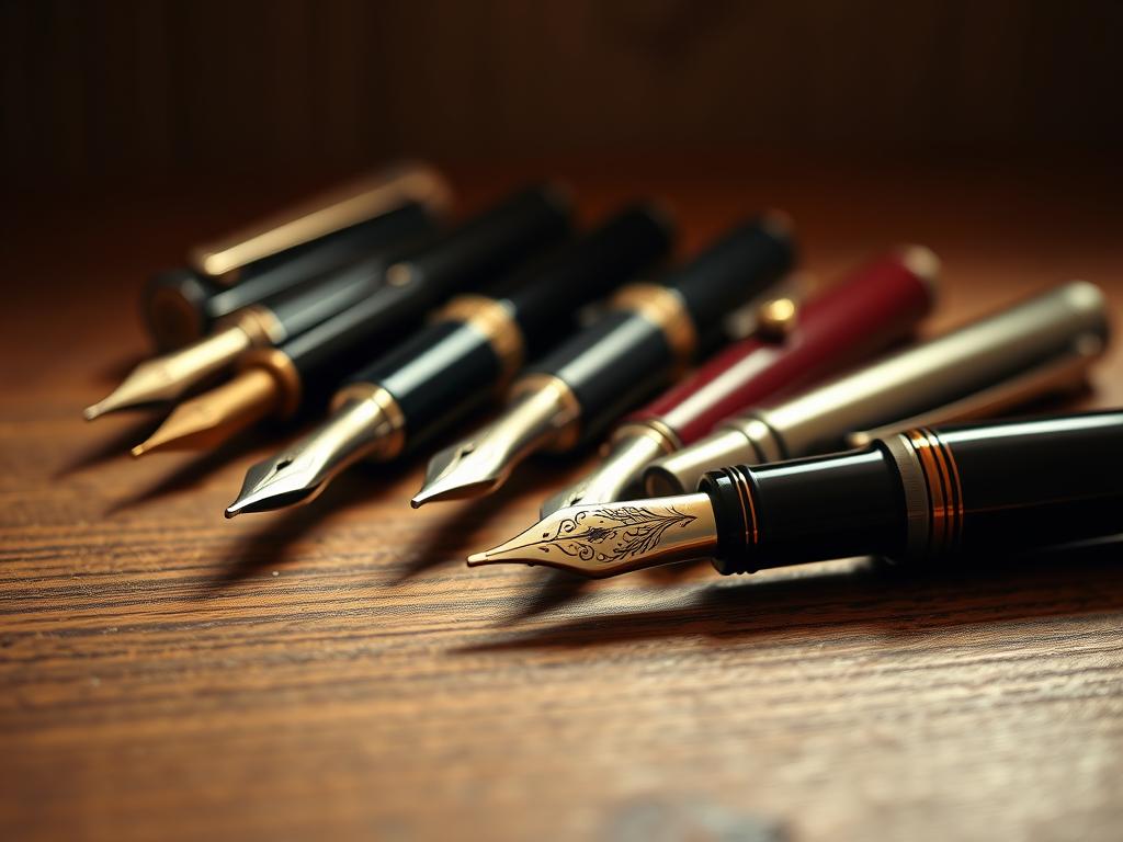 A carefully curated collection of vintage fountain pens rests on a wooden surface, bathed in warm, soft lighting. The pens, in a range of intricate designs and colors, stand out against the muted, textured background, evoking a sense of timeless elegance and craftsmanship. The composition draws the viewer's eye to the delicate details of the nibs, the ornate caps, and the smooth, tapered barrels, showcasing the allure of these luxury writing instruments. The overall scene captures the essence of the vintage pen collector's passion, inviting the viewer to appreciate the enduring beauty and craftsmanship of these treasured writing tools.