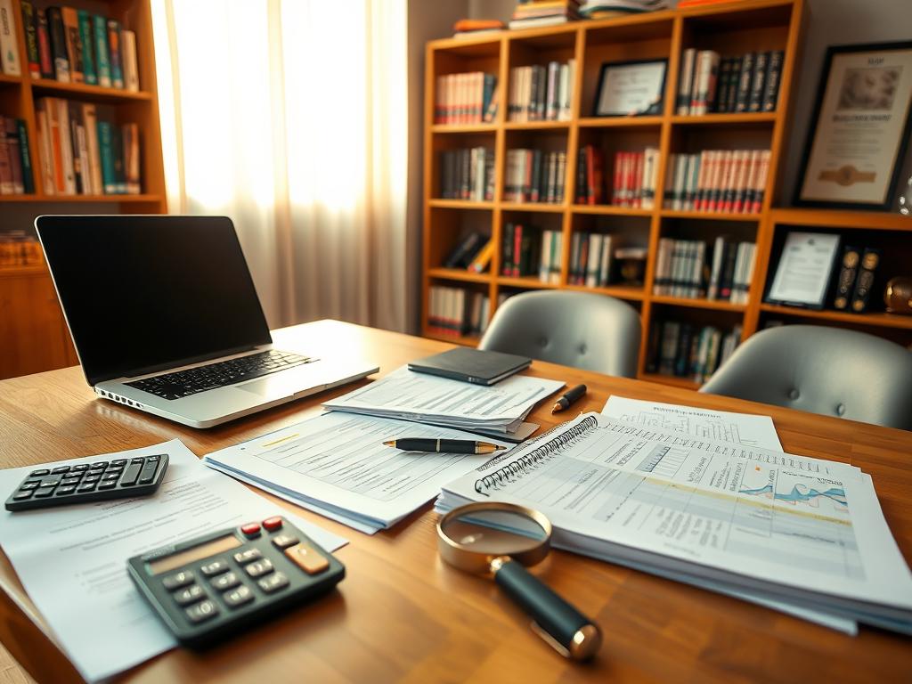 A clean, well-organized workspace with a wooden desk, a laptop, and various financial documents neatly arranged. Warm, directional lighting illuminates the scene, casting soft shadows. Calculators, pens, and a magnifying glass sit next to a ledger, highlighting the meticulous record-keeping process. In the background, bookshelves filled with financial publications and a framed certificate or award add a sense of expertise and professionalism. The overall composition conveys a balanced, focused atmosphere conducive to the careful management of investment portfolios.