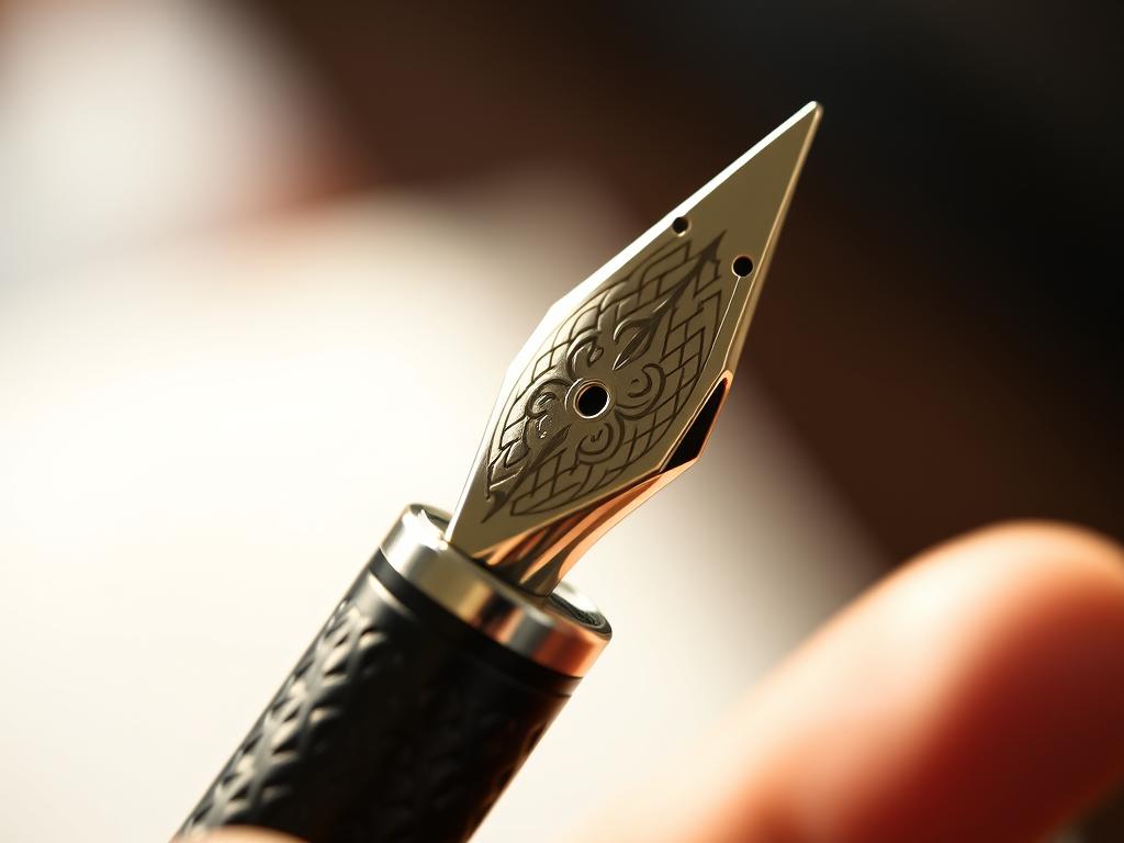 A close-up shot of a limited edition pen, showcasing its exquisite craftsmanship. The pen is delicately held in a well-lit, soft-focused environment, highlighting its intricate details. The barrel is meticulously engraved with a unique pattern, reflecting the skilled artistry of its maker. The nib is made of high-quality metal, gleaming under the warm, directional lighting. The cap is elegantly designed, seamlessly transitioning from the body of the pen. The overall composition emphasizes the premium materials, exceptional design, and the meticulous attention to detail that characterize this exclusive writing instrument.