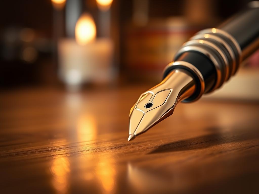 A close-up view of a beautifully crafted fountain pen, resting on a wooden surface with a warm, soft light illuminating its intricate details. The barrel features a sleek, polished metallic finish, with subtle engraved patterns that catch the light. The nib is made of gleaming gold, its tines precisely aligned, ready to glide effortlessly across the page. In the background, a blurred, out-of-focus setting suggests an elegant, refined atmosphere, allowing the pen to take center stage and showcase its exceptional workmanship.
