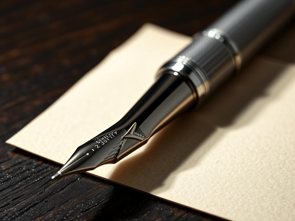 A close-up view of a luxurious fountain pen, showcased on a dark wooden surface. The pen's barrel is crafted from premium materials such as polished sterling silver, with intricate engravings and a gleaming chrome trim. The nib is a sturdy, 14-karat gold tip that glides effortlessly across high-quality parchment paper. Soft, directional lighting accentuates the pen's elegant silhouette, casting gentle shadows that highlight the depth of its craftsmanship. The overall composition conveys a sense of refined sophistication, befitting a premium writing instrument that embodies the essence of luxury and status.