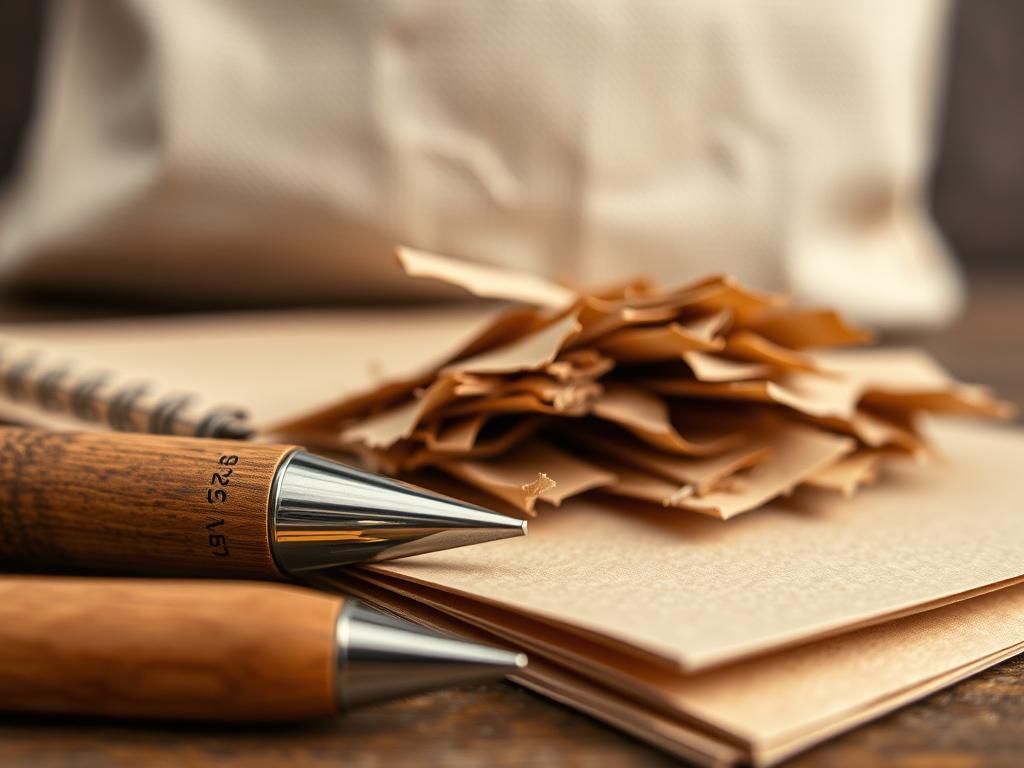 A close-up view of an assortment of sustainable pen materials, showcasing their natural textures and colors. In the foreground, a wooden pen body with a sleek, minimalist design, its surface polished to a smooth finish. Beside it, a metal pen tip, its metallic sheen catching the warm, soft lighting. In the middle ground, a pile of recycled paper, its muted tones and fibrous structure contrasting with the more polished elements. In the background, a canvas tote bag, its rugged, organic fabric hinting at the eco-friendly ethos behind these sustainable writing tools. The overall scene conveys a sense of thoughtful, environmentally-conscious design, inviting the viewer to consider the impact of their everyday choices.