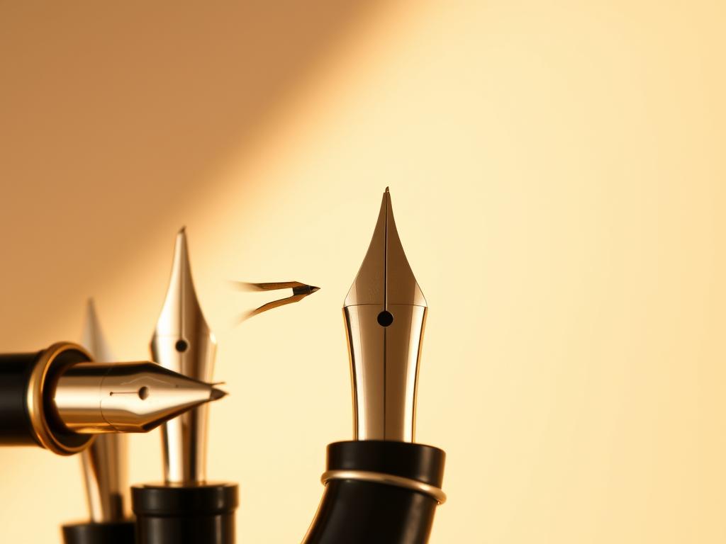 A close-up view of an elegant selection of fountain pen nibs, artfully arranged against a soft, neutral background. The nibs are crafted from gleaming metal, each with its own unique shape and size, showcasing the intricate details and craftsmanship that distinguish quality fountain pens. The lighting is warm and focused, casting subtle shadows that accentuate the textures and contours of the nibs. The composition is balanced and visually appealing, inviting the viewer to explore the diverse options and consider which nib might best suit their personal writing style and preferences.