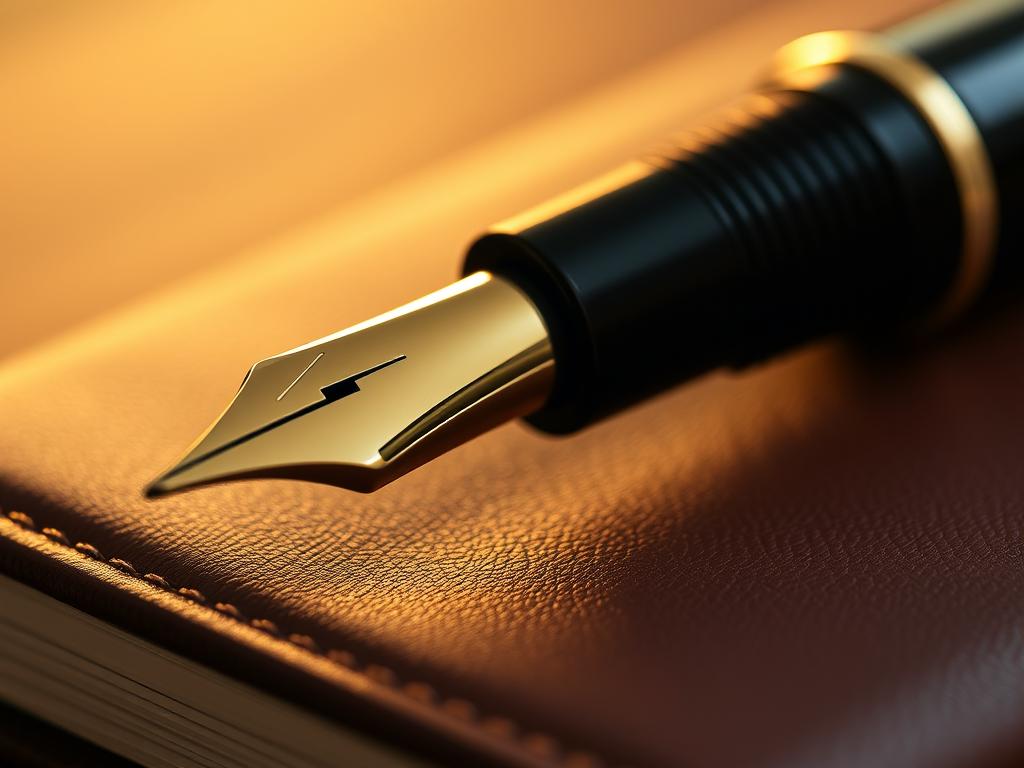 A close-up view of the intricate details of an exclusive fountain pen, its glossy black barrel reflecting the soft, warm lighting illuminating the scene. The nib glistens as it rests on a smooth, leather-bound journal, the gold trim accentuating its premium craftsmanship. The pen's delicate, engraved design is visible, showcasing the precision and artistry that went into its creation. The background is blurred, emphasizing the focal point of the pen's exceptional features and the attention to detail that defines a truly limited edition writing instrument.