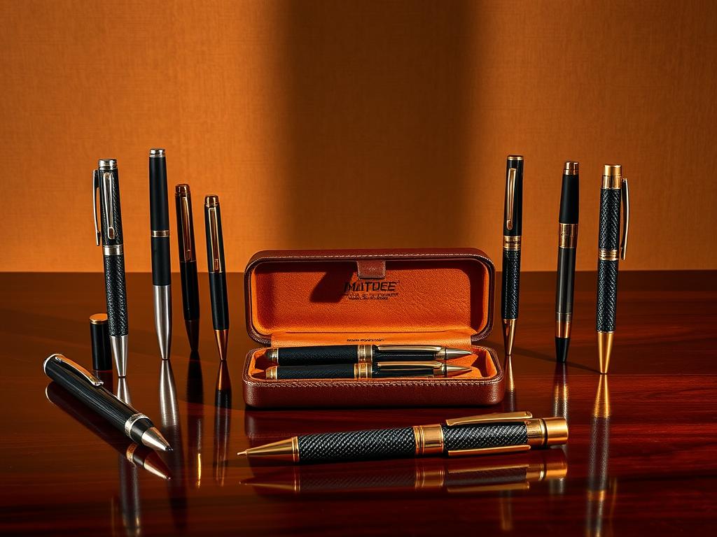 A collection of elegant, masculine luxury pens arranged on a polished mahogany table, lit by warm, directional lighting that casts dramatic shadows. The pens, crafted from premium materials like brushed stainless steel, carbon fiber, and vintage-inspired brass, exude an air of sophistication and exclusivity. In the middle ground, a vintage leather pen case lies open, revealing the precision-engineered writing instruments within. In the background, a subtle, textured wall in a rich, earthy tone provides a refined, complementary backdrop, emphasizing the pens' luxurious aesthetic. The overall composition conveys a sense of refined, executive style suitable for discerning gift-giving.