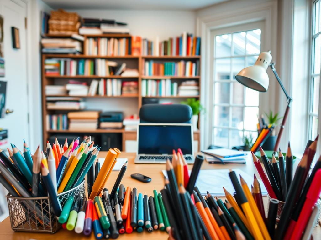 A cozy home office setting, with a well-lit desk showcasing an array of writing tools. In the foreground, an assortment of pens, pencils, and markers in a variety of colors and styles are neatly arranged. On the desk, a laptop, a sketchpad, and a reading lamp create a productive and creative atmosphere. In the middle ground, shelves filled with books and stationery supplies line the walls, hinting at the wealth of resources available. The background features a large window, allowing natural light to filter in and illuminate the space, giving it a warm and inviting ambiance. The overall scene conveys a sense of thoughtful exploration and discovery of the best writing tools to enhance the writing experience.