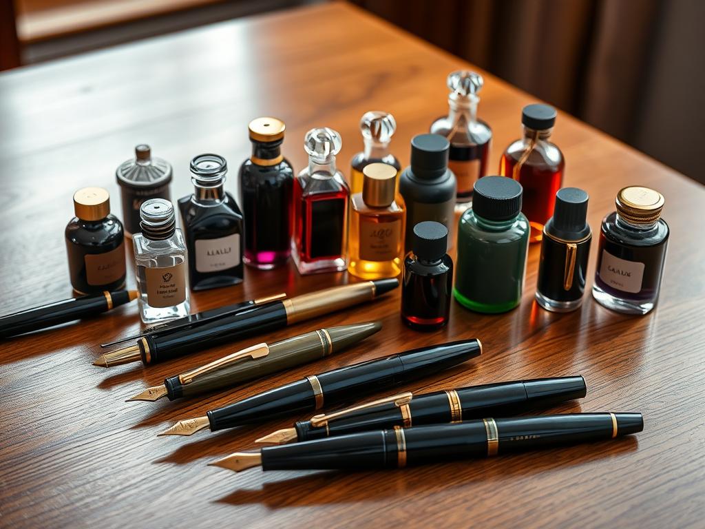 A detailed still life of an assortment of classic fountain pen brands and their exquisite ink bottles, arranged elegantly on a polished wooden table. The pens are displayed in a variety of elegant colors and styles, from sleek modern designs to timeless vintage models. The ink bottles feature a range of deep, saturated hues, casting warm reflections on the tabletop. Soft, directional lighting illuminates the scene, creating depth and highlighting the intricate details of the pens and inks. The overall mood is one of refined sophistication, inviting the viewer to explore the world of high-end writing instruments.