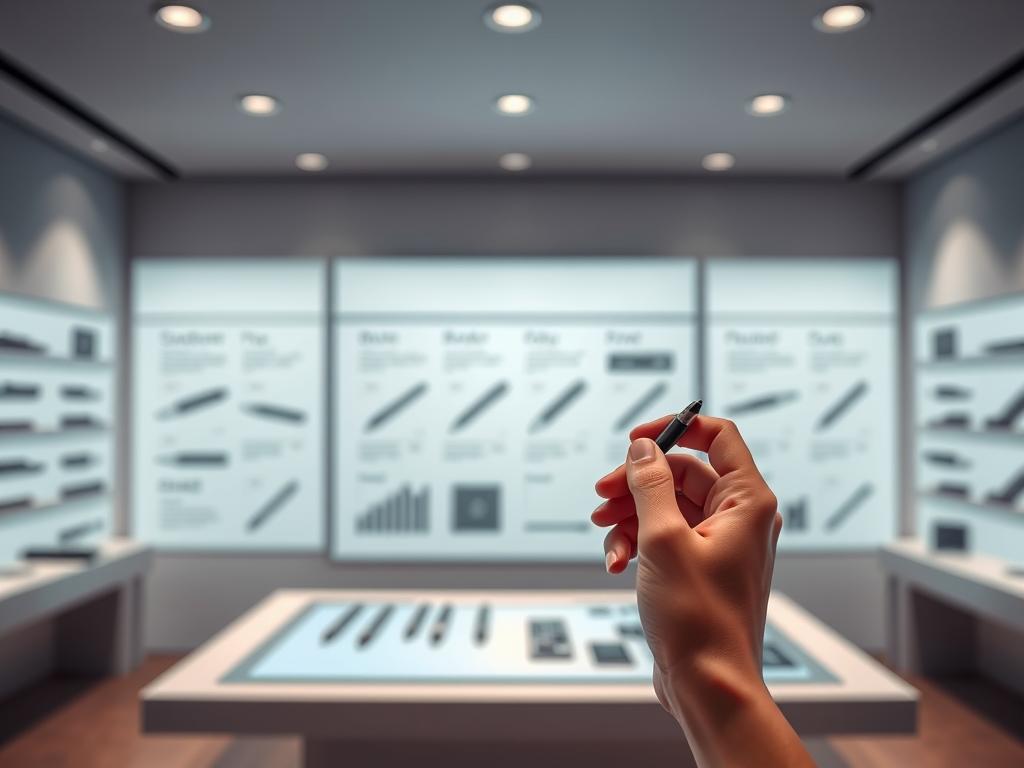 A digital pen shopping experience in a sleek, minimalist environment. A central display showcases various pen models, their designs, and technical specifications, bathed in soft, diffused lighting. In the foreground, a hand hovers over the pens, contemplating the options. The background blurs into a gradient of muted grays and blues, creating a sense of focus and calm. The overall mood is one of considered, thoughtful deliberation, inviting the viewer to immerse themselves in the nuances of the digital pen shopping journey.