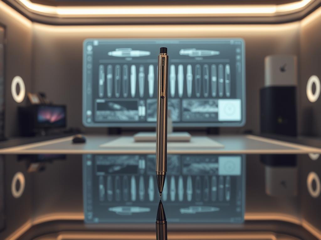 A futuristic still life showcasing the latest trends in luxury pens, captured in a high-resolution, cinematic photograph. In the foreground, a sleek, metallic pen with a minimalist design hovers above a reflective surface, casting a sharp, angular shadow. In the middle ground, a holographic display presents a range of customizable pen designs, their features and functions highlighted in a clean, user-friendly interface. The background features a sophisticated, technologically-advanced workspace, with subtle lighting and a muted color palette that evokes a sense of modern elegance and innovation. The overall atmosphere is one of refined sophistication, seamlessly blending form and function to anticipate the future of the luxury pen market.