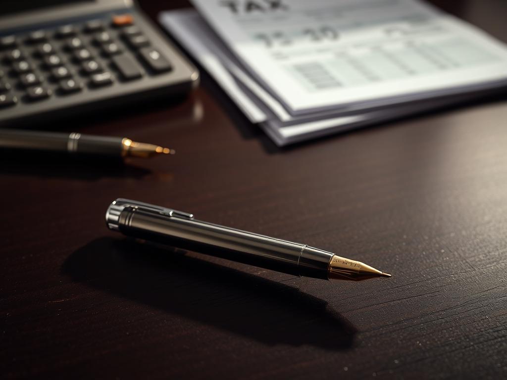 A high-end pen resting on a dark, polished wood desk, casting a refined shadow. The pen's metal body glistens under soft, directional lighting, highlighting its luxurious finish. In the background, a stack of financial documents and a calculator suggest the tax implications of collecting such a premium writing instrument. The scene exudes a sense of thoughtful contemplation, as if weighing the costs and benefits of this investment. The overall atmosphere is one of understated elegance, inviting the viewer to consider the nuances of the luxury pen market and its associated tax considerations.