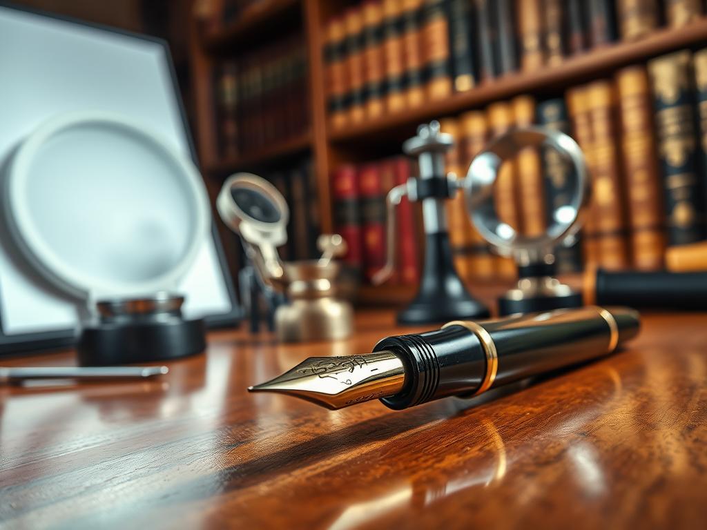 A high-quality, artfully composed image of a pen authenticity verification process. In the foreground, a vintage fountain pen rests on a polished wooden surface, its nib and trim details meticulously captured under bright, directional lighting that casts dramatic shadows. In the middle ground, various specialized tools and instruments, such as a loupe, jeweler's scale, and ultraviolet light, are arranged around the pen, suggesting a methodical, scientific approach to verification. The background features a blurred, out-of-focus bookshelf filled with antique books, hinting at the pen's historical provenance. The overall mood is one of thoughtful examination, authenticity, and the appreciation of fine craftsmanship.