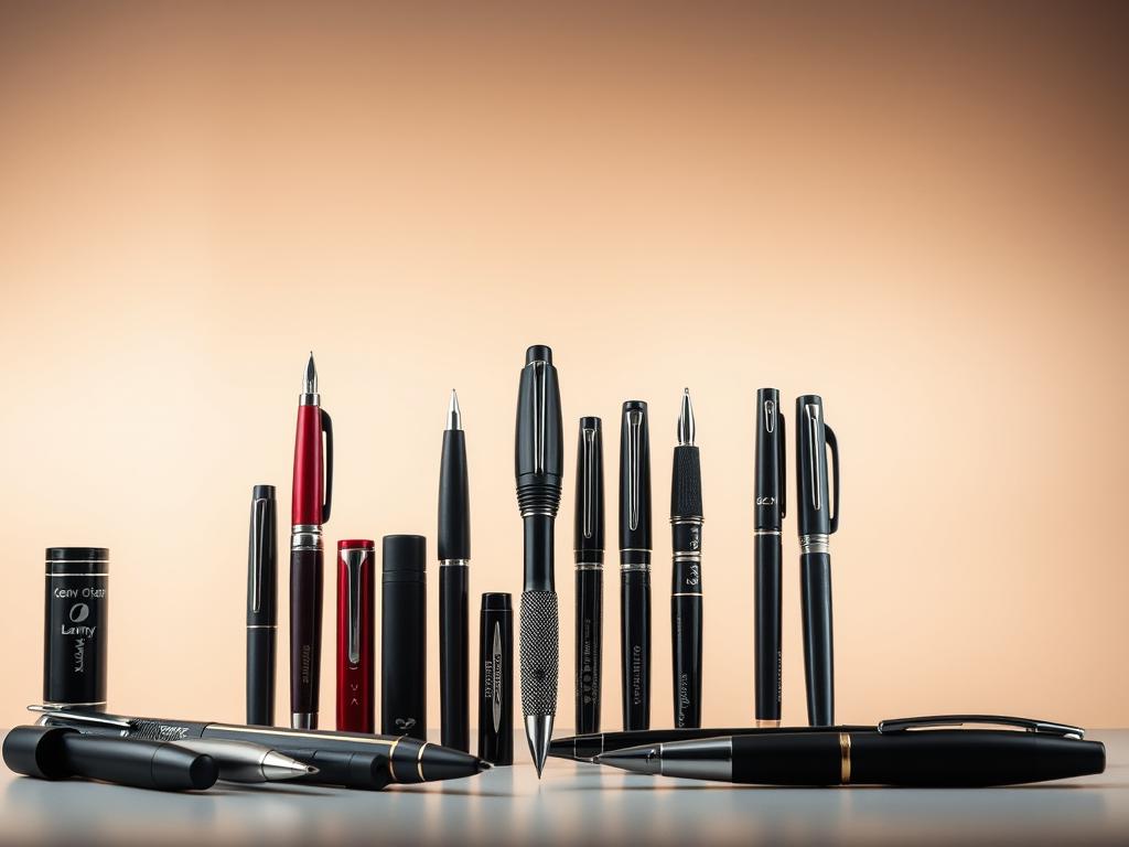 A high-quality, detailed still life composition depicting an arrangement of iconic pen brands popular among left-handed writers. Crisp, evenly-lit studio lighting illuminates the foreground, where a variety of renowned pen brands including Lamy, Pilot, Zebra, and Uni-ball are displayed in an elegant, visually-balanced layout. The middle ground features a subtle gradient background in a muted, earthy tone that provides a cohesive, minimalist backdrop. The overall mood is professional, refined, and showcases the unique features and design elements that make these pens well-suited for left-handed use.