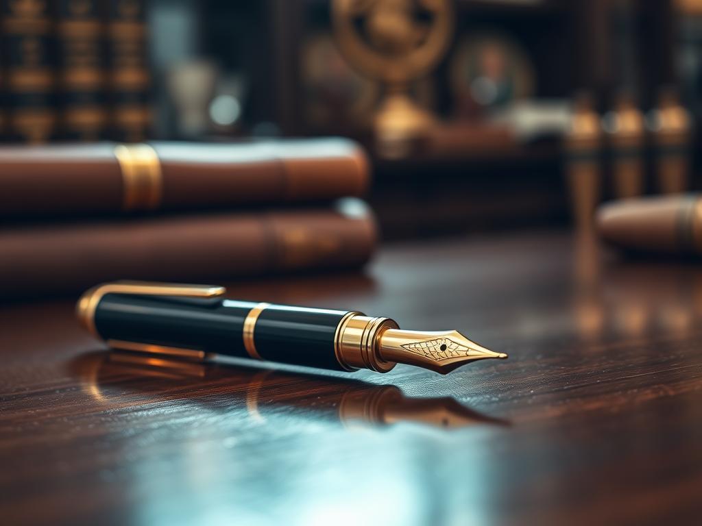 A high-quality luxury fountain pen resting on a polished, dark hardwood table, its intricate metalwork and delicate nib glistening under soft, warm lighting. The pen's sleek, tapered body is crafted from premium materials, such as precious metals or rare, exotic woods, exuding an air of sophistication and attention to detail. In the background, a blurred, elegant office or study setting, with hints of leather-bound books and vintage decor, creating a refined, timeless atmosphere that showcases the craftsmanship and exclusivity of this premium writing instrument.