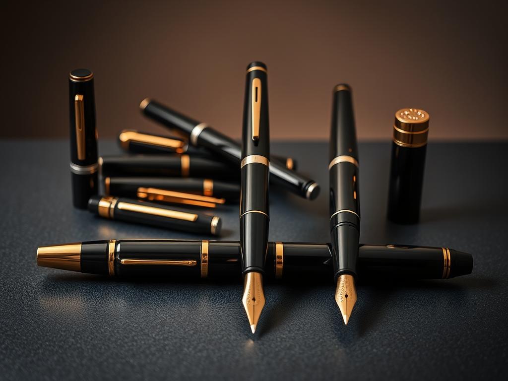 A high-quality still life arrangement showcasing a diverse array of luxury fountain pens. In the foreground, a trio of exquisite writing instruments from renowned brands Tibaldi, Montegrappa, and Aurora, each with a distinct design and finish. The pens are displayed on a dark, textured surface, casting subtle shadows that add depth and dimension. In the middle ground, a soft, warm lighting illuminates the scene, highlighting the intricate details and lustrous materials of the pens. The background is a muted, atmospheric setting, allowing the pens to take center stage. The overall composition is visually balanced and aesthetically pleasing, capturing the essence of a curated, high-end pen collection.