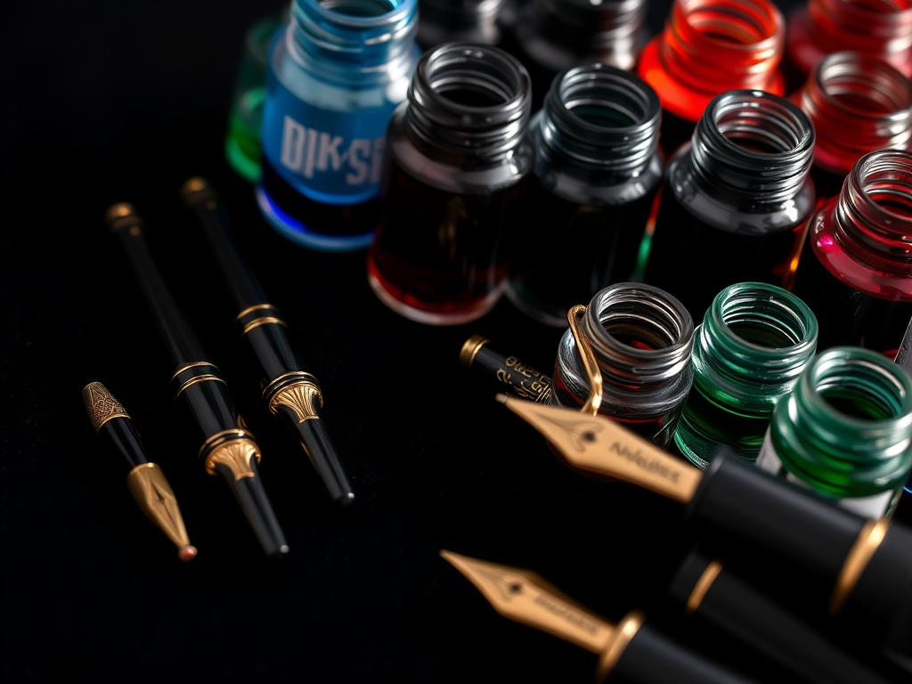 A high-resolution close-up photograph of an array of luxury fountain pen nibs in various sizes and shapes, elegantly displayed on a dark, velvety surface. The nibs are positioned to showcase their intricate designs, ranging from delicate extra-fine to bold broad nibs. Alongside the nibs, an assortment of glass bottles filled with vibrant, saturated ink colors, from deep blues and rich blacks to bold reds and greens, create a visually striking contrast. Soft, directional lighting casts subtle shadows, accentuating the textures and contours of the nibs and inks, evoking a sense of refined sophistication and attention to detail.
