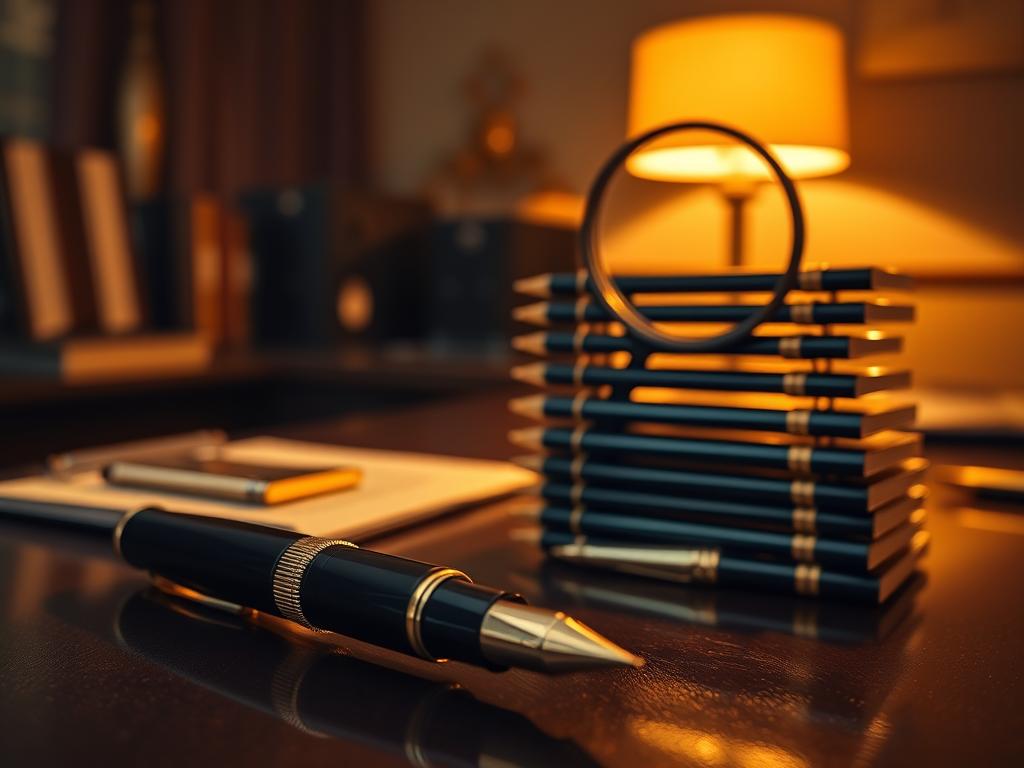 A luxurious desk with a high-end fountain pen, magnifying glass, and a stack of counterfeit pens. The foreground features the genuine pen in a spotlight, highlighting its premium craftsmanship. In the middle ground, the magnifying glass examines the intricate details, exposing the flaws of the fake pens. The background depicts a dimly lit office setting, creating an atmosphere of scrutiny and caution. Warm, directional lighting from the side casts dramatic shadows, emphasizing the contrast between the authentic and counterfeit items. The overall scene conveys the importance of thorough inspection when purchasing luxury writing instruments.