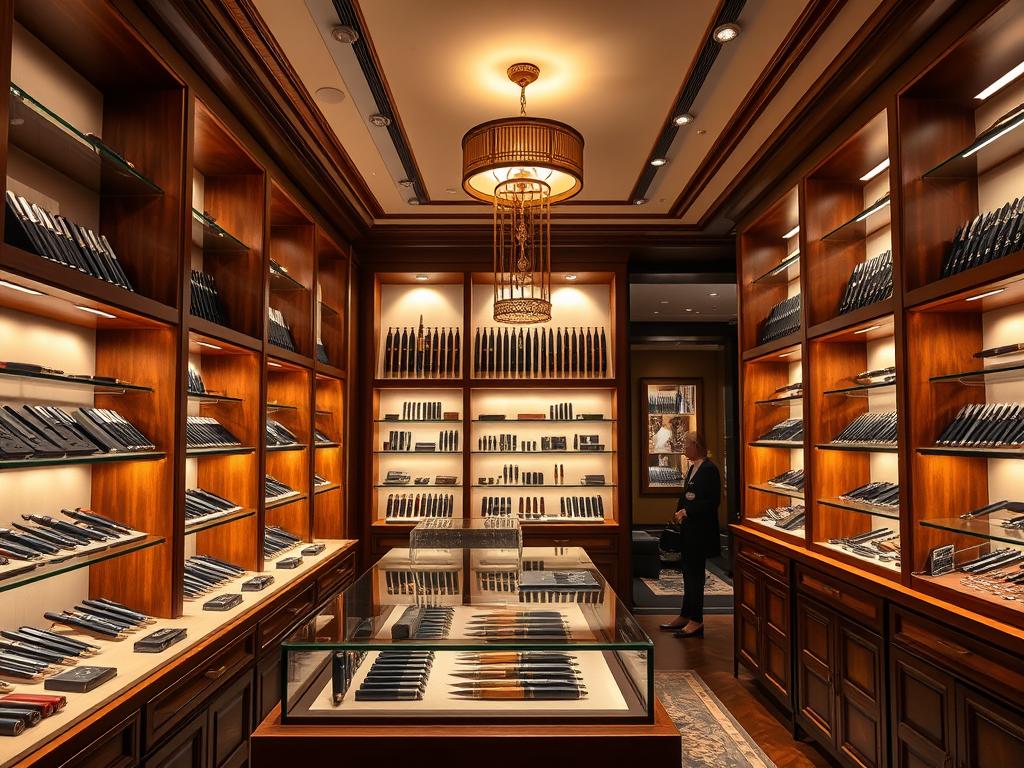 A luxurious pen boutique, its interior bathed in soft, warm lighting that casts a cozy glow over the meticulously curated display of high-end writing instruments. Elegant wooden shelves and glass cases showcase a diverse collection of pens, from sleek, minimalist designs to ornately crafted, artisanal pieces. The scent of fine leather and freshly polished wood fills the air, creating an atmosphere of refined sophistication. Customers are invited to leisurely explore the selection, testing the smooth, responsive nibs and admiring the intricate craftsmanship, immersed in the tactile and sensory experience of discovering the perfect pen to complement their personal style and writing preferences.