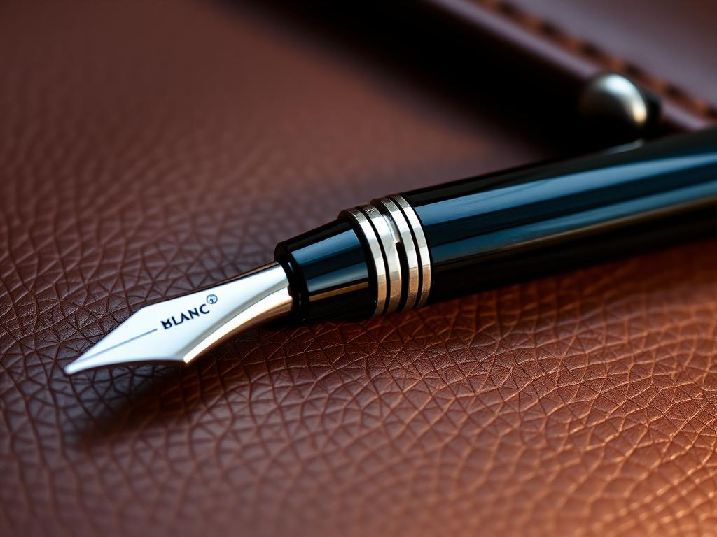 A meticulously crafted Montblanc Meisterstück fountain pen rests on a luxurious leather surface, its glistening silver-tone nib and cap reflecting the soft, warm lighting of the scene. The pen's elegant, minimalist design is accentuated by the rich, textured grain of the black lacquered barrel, which appears to have been expertly polished to a gleaming finish. The overall composition evokes a sense of refined craftsmanship and the enduring quality that has made Montblanc a renowned name in the world of fine writing instruments.
