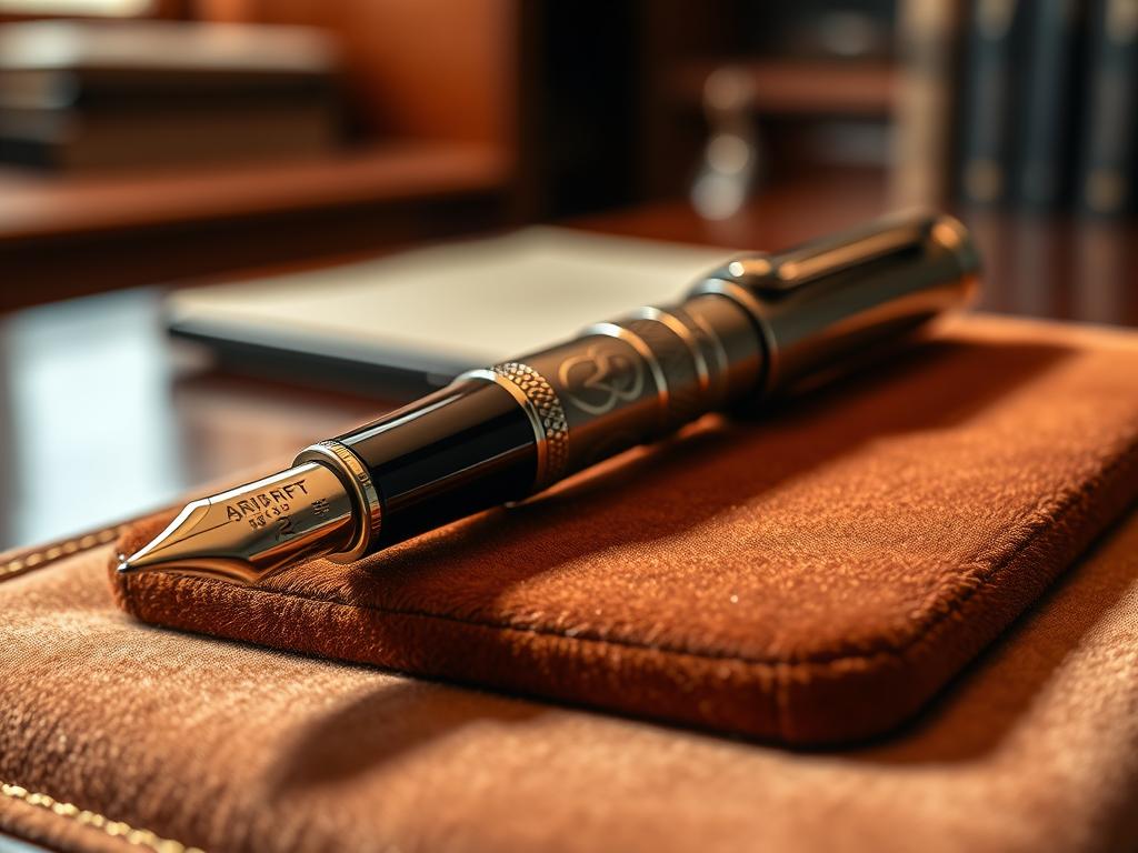 A meticulously crafted luxury pen rests on a plush, velvet-lined display case. The barrel's sleek, mirror-like surface gleams under the soft, warm lighting, accentuating the intricate engraved patterns that dance across its length. The nib appears razor-sharp, a testament to the skilled artisanship involved in its shaping and tempering. In the background, a blurred, high-end wooden desk evokes an atmosphere of refined elegance, hinting at the pen's rightful place in the workspace of the discerning professional. This image captures the essence of unparalleled craftsmanship and quality that defines a true luxury writing instrument.