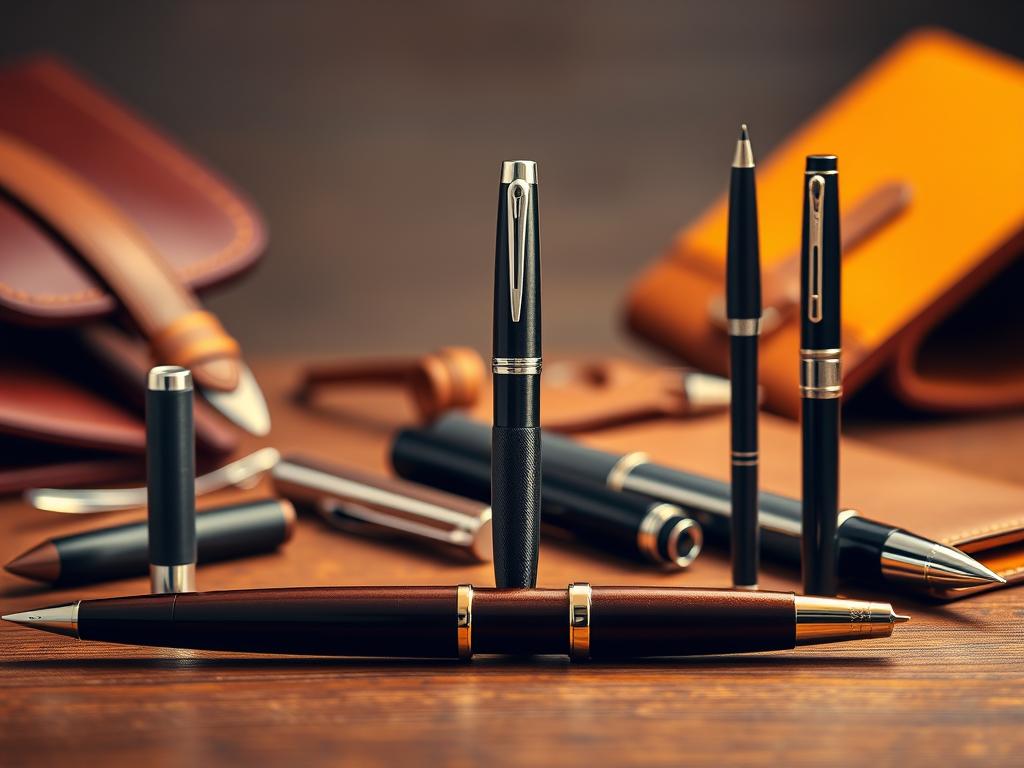 A meticulously crafted still life arrangement featuring the iconic writing instruments of Parker, Waterman, and Lamy. The foreground showcases the sleek, elegant silhouettes of these renowned pen brands, bathed in warm, directional lighting that accentuates their lustrous finishes and intricate details. In the middle ground, a subtle backdrop of luxurious leather, wood, and brushed metal surfaces creates a sophisticated, high-end ambiance. The overall composition conveys a sense of timeless craftsmanship and the allure of these prestigious pen brands, inviting the viewer to imagine the joy and prestige of owning such exemplary writing tools.