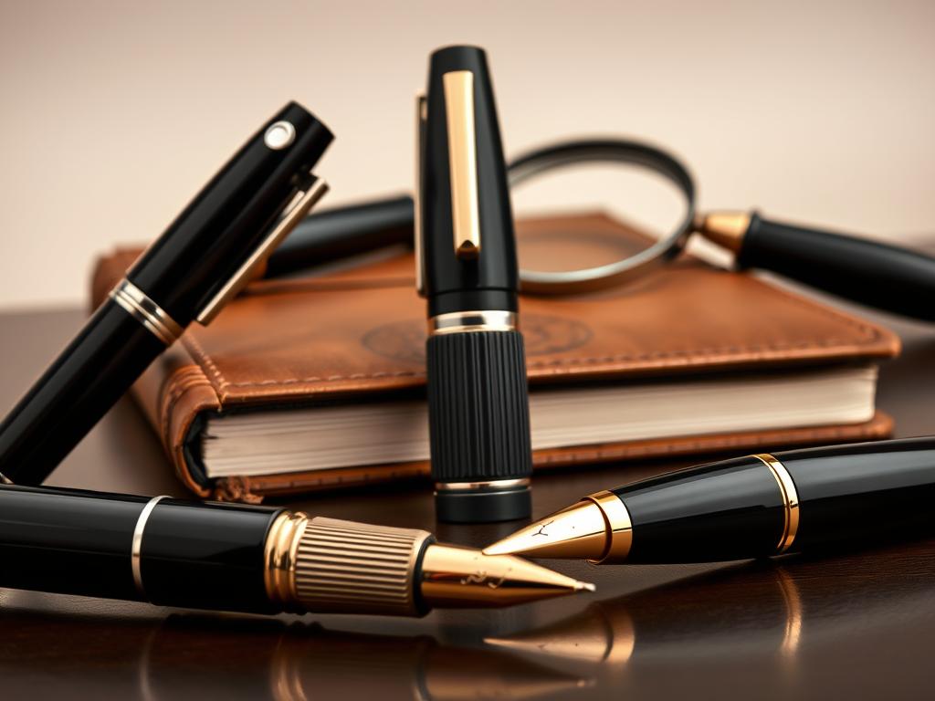A meticulously crafted still life showcasing the iconic pen brands and their signature styles. In the foreground, a collection of exquisite writing instruments - a sleek Montblanc fountain pen with its distinctive white star emblem, a polished Waterman's Carene ballpoint with its elegant fluted design, and a Parker Duofold with its timeless black and gold trim. In the middle ground, a vintage leather journal and a magnifying glass, hinting at the attention to detail and craftsmanship that define these luxury pens. The background features a soft, muted gradient, allowing the pens to take center stage, as if displayed in a high-end boutique. Crisp, even lighting accentuates the fine textures and subtle metallic accents, creating an atmosphere of refined sophistication.