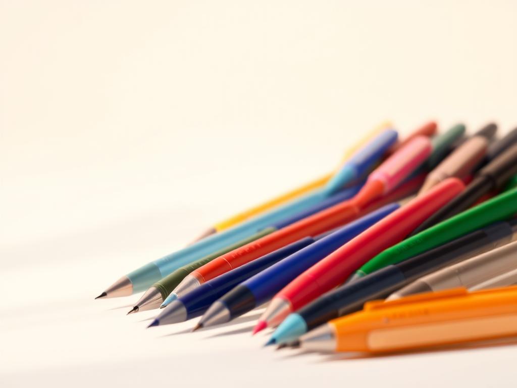 A meticulously detailed arrangement of various fine-tip gel pens, showcased against a softly-lit, minimalist background. The pens, in an array of vibrant colors, are displayed in a visually appealing manner, highlighting their sleek, modern design and premium quality. The lighting creates a warm, inviting atmosphere, drawing attention to the pens' glossy, reflective surfaces and subtle textures. The angle and composition create a sense of depth and balance, emphasizing the international appeal and unique character of these high-end writing instruments.