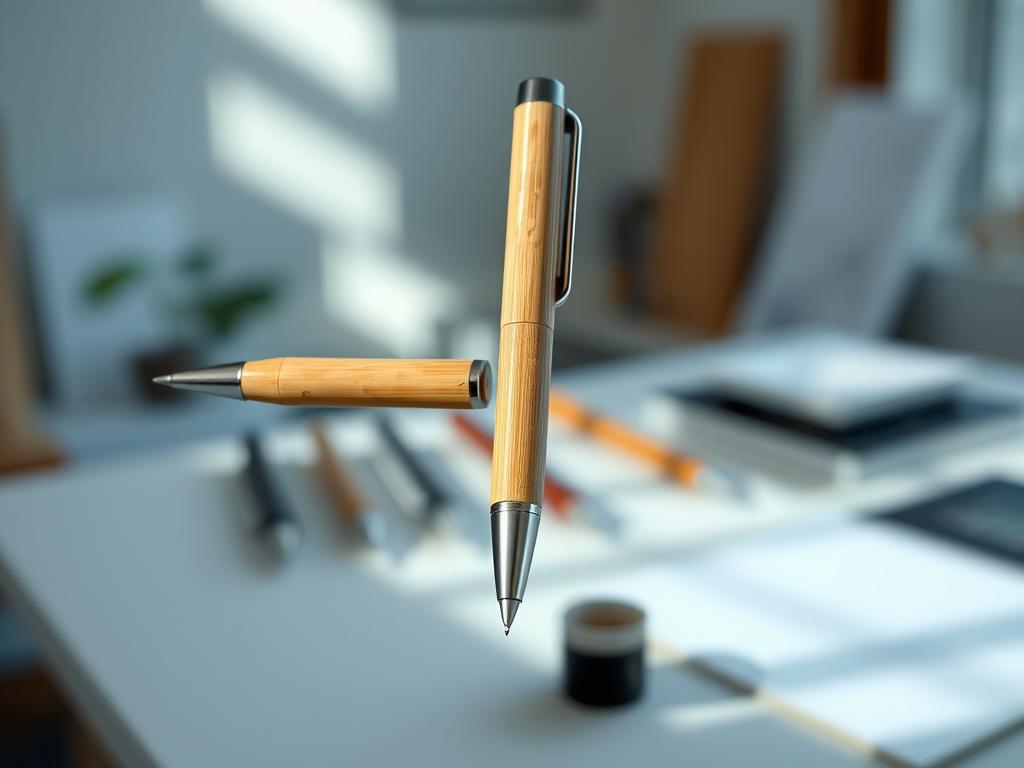 A modern, eco-friendly pen with a sleek, minimalist design hovers in a well-lit, airy workspace. The pen's barrel is crafted from sustainable bamboo, its nib made from recycled stainless steel. Soft, natural lighting illuminates the scene, casting gentle shadows that highlight the pen's organic textures and elegant form. In the background, a blurred arrangement of other innovative writing instruments, each with a unique, environmentally-conscious aesthetic, suggests a future of luxury pens that prioritize sustainability and responsible design.