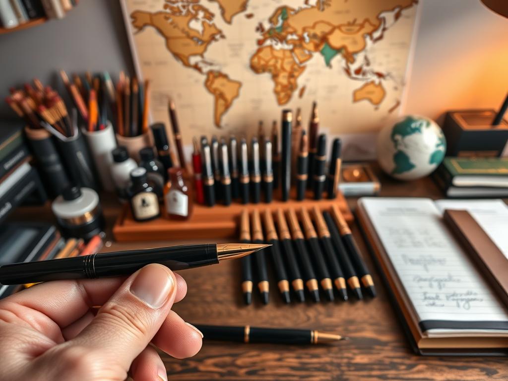 A neatly organized desk with an assortment of high-quality fountain pens, ink bottles, and stationery supplies. In the foreground, a pen is being held by a hand, demonstrating its smooth writing experience. The middle ground showcases various fountain pens from different countries, each with its unique design and features. In the background, a world map or globes suggests the international nature of the scene. The lighting is soft and warm, creating a cozy, professional atmosphere. The overall composition conveys a sense of expertise and the importance of carefully selecting the right fountain pen for international purchases.