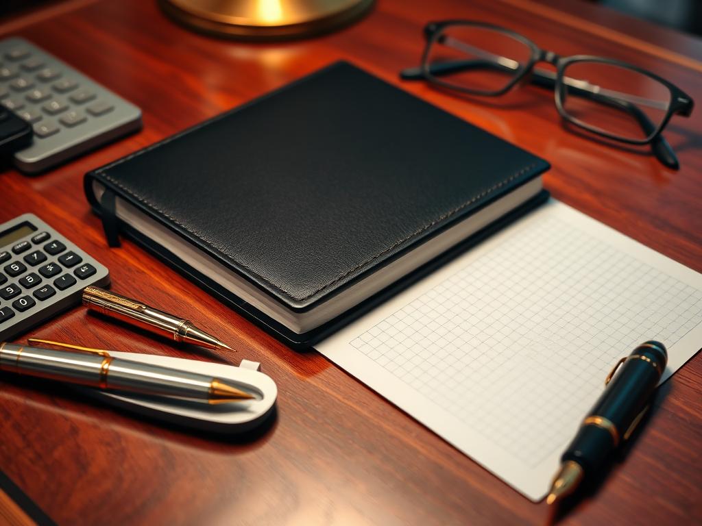 A sleek, black leather-bound notebook rests on a polished mahogany desk, flanked by a selection of luxury fountain pens. The pens, ranging from classic gold-plated designs to modern, minimalist styles, are arranged neatly, their tips glistening under the warm, directional lighting. Beside them, a calculator and a pair of reading glasses suggest an in-depth analysis of pricing and investment considerations. The scene is captured in a high-resolution, cinematic style, with a shallow depth of field that draws the viewer's attention to the focal point - the pens and the notebook, symbolizing the art of writing and the careful financial evaluation of high-end pen purchases.