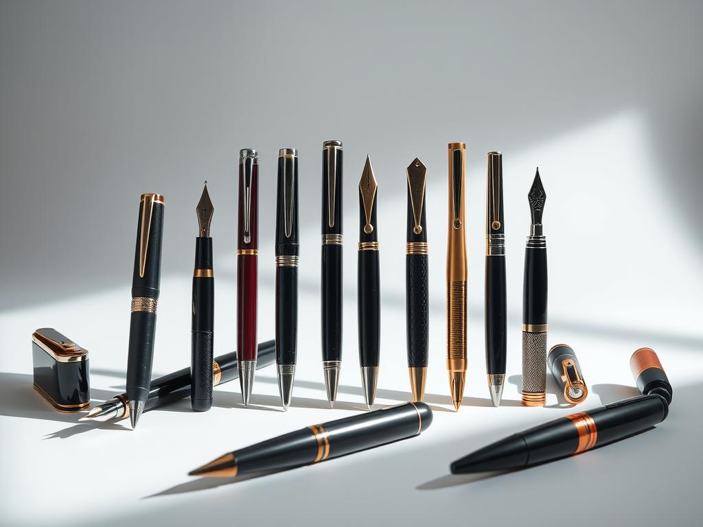 A sleek, high-end collection of premium fountain pen brands, meticulously crafted with premium materials and exquisite attention to detail. Prominently displayed in a clean, well-lit studio setting, the pens are arranged in a visually striking manner, with a mixture of classic and modern designs. The lighting casts gentle shadows, highlighting the pens' elegant silhouettes and the luxurious finishes, such as polished metal, glossy lacquer, and intricate engraving. The overall atmosphere conveys a sense of exclusivity, sophistication, and the craftsmanship that defines these prestigious pen brands.