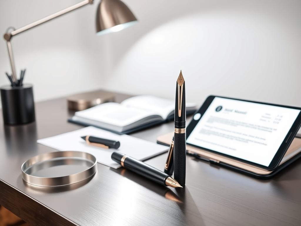 A sleek, minimalist home office setup with a brushed metal desk, a modern lamp, and a notebook open, showcasing the process of online pen authentication. In the foreground, a high-quality luxury pen is displayed prominently, surrounded by a magnifying glass and a smartphone displaying a web page with pen verification details. The lighting is soft and diffused, creating a sense of professionalism and attention to detail. The background is clean and uncluttered, with a neutral color palette, allowing the main elements to take center stage and emphasize the importance of thorough online research for ensuring pen authenticity.