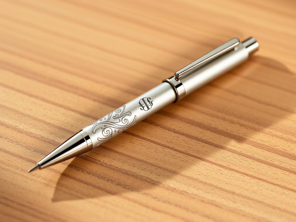 A sleek, personalized engraved pen resting on a smooth, minimalist wooden surface. The pen's body has a lustrous metallic finish, with intricate engraved patterns that catch the light in a sophisticated way. The engraving showcases a unique, custom-designed monogram or symbol, reflecting the owner's personal style. Soft, directional lighting casts gentle shadows, emphasizing the pen's contours and the craftsmanship of the engraving. The overall composition is clean, elegant, and visually striking, highlighting the diverse customization possibilities for a premium, personalized writing instrument.