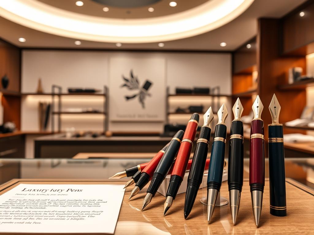 A sleek, well-lit interior of an online luxury pen retailer's website. In the foreground, an array of high-end fountain pens in various colors and finishes are elegantly displayed on a glass or wood surface, their nibs gleaming. The middle ground features a tasteful product description panel with details about the pens' craftsmanship and materials. In the background, a clean, minimalist layout showcases other luxury pen models and accessories, creating an immersive, premium shopping experience. Warm, diffused lighting casts a soft glow, and the overall mood is one of refined sophistication and exclusivity.