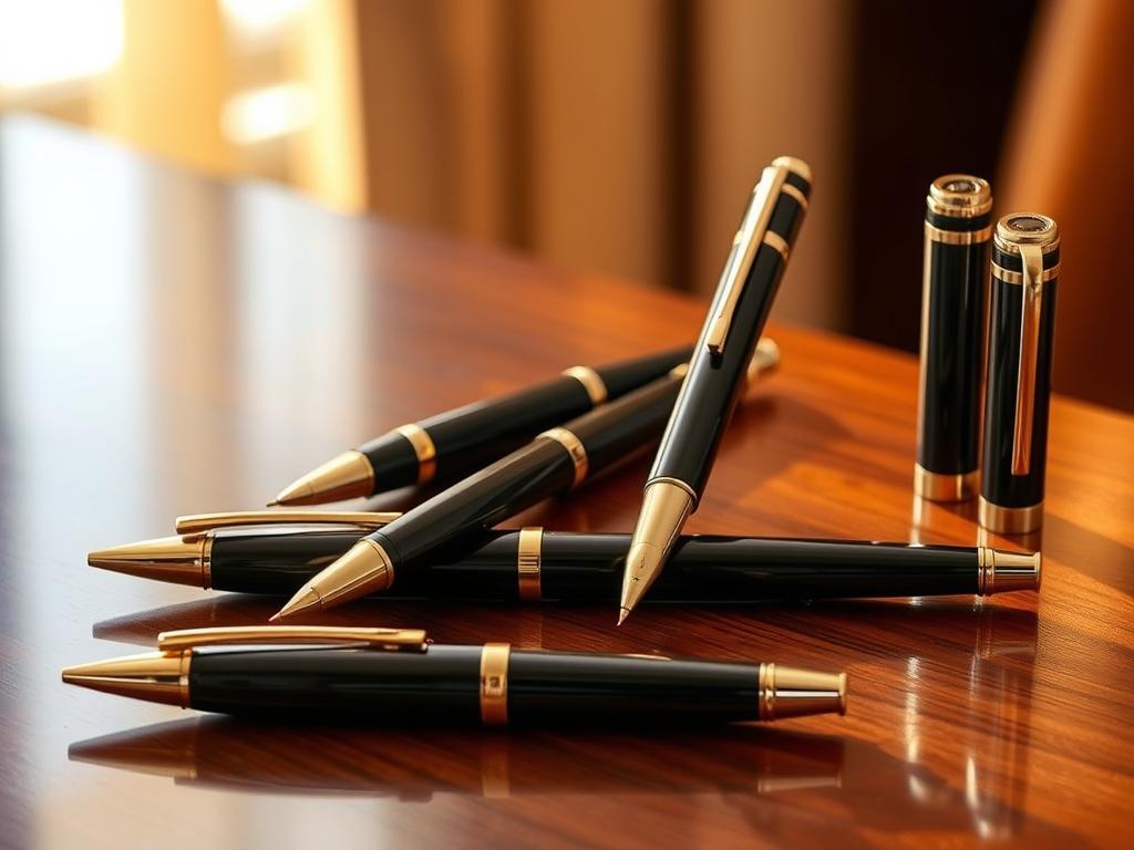 A sophisticated arrangement of the finest business luxury pens, displayed on a polished wooden table under warm, directional lighting. The pens, crafted from premium materials like gold, silver, and obsidian, are elegantly positioned to showcase their sleek silhouettes and intricate details. The scene conveys a sense of exclusivity, professionalism, and the pinnacle of writing instrument design, creating an aspirational atmosphere for discerning business professionals.