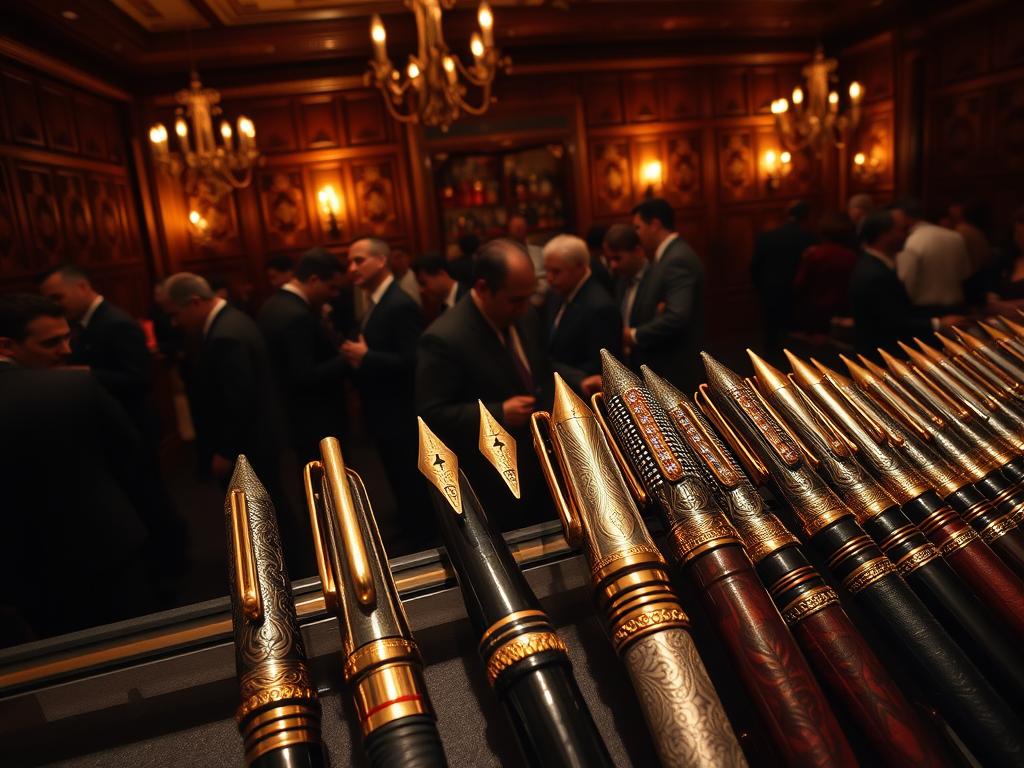 A sophisticated auction house, dimly lit with warm amber hues. In the foreground, a display of exquisite luxury pens - fountain pens with gleaming metal bodies, intricate etchings, and jewel-encrusted caps. Spotlights highlight their elegant silhouettes, casting dramatic shadows. In the middle ground, a gathering of well-dressed attendees examines the pens, murmuring in hushed tones. The background is a backdrop of plush, dark-wood paneling, creating an atmosphere of exclusivity and refinement. A sense of anticipation and connoisseurship permeates the scene, as the rare and sought-after writing instruments are prepared for their moment under the gavel.