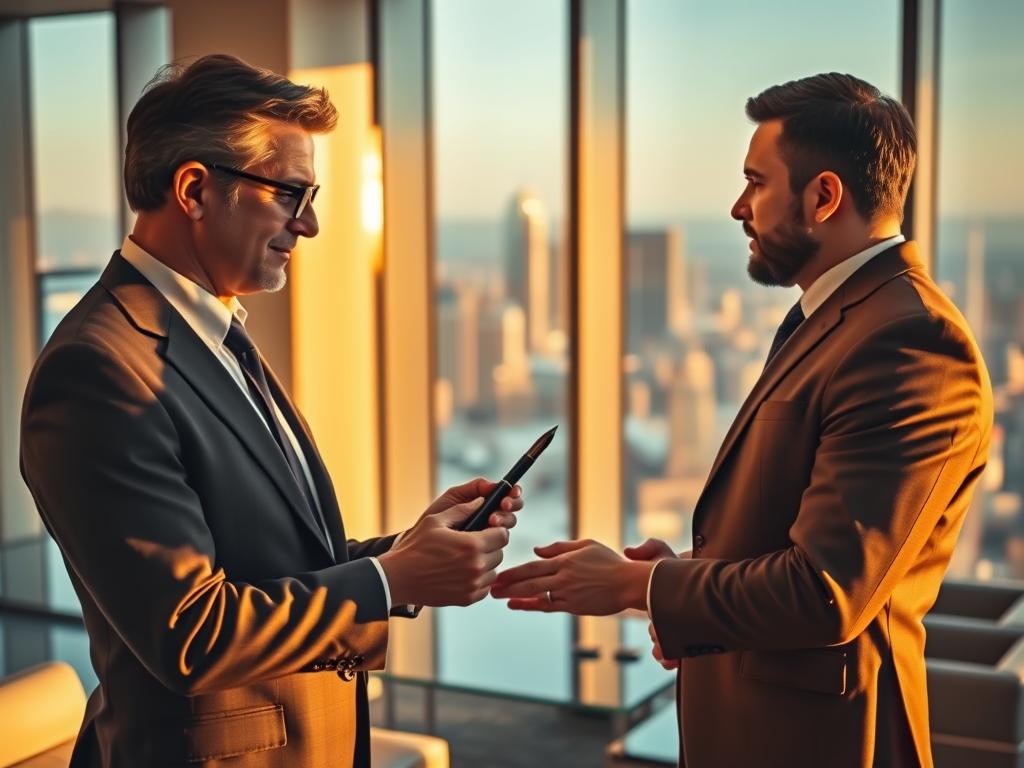 A sophisticated executive holding a luxury pen, deep in conversation with a prospective buyer. The scene is bathed in warm, golden light, creating a sense of trust and professionalism. In the background, a well-appointed office with sleek, modern furniture and a large window overlooking a bustling city skyline. The buyer leans forward, engaged and attentive, as the seller presents the pen's exceptional craftsmanship and provenance. Their body language conveys a careful, considerate negotiation, the air thick with the potential for a mutually beneficial transaction.