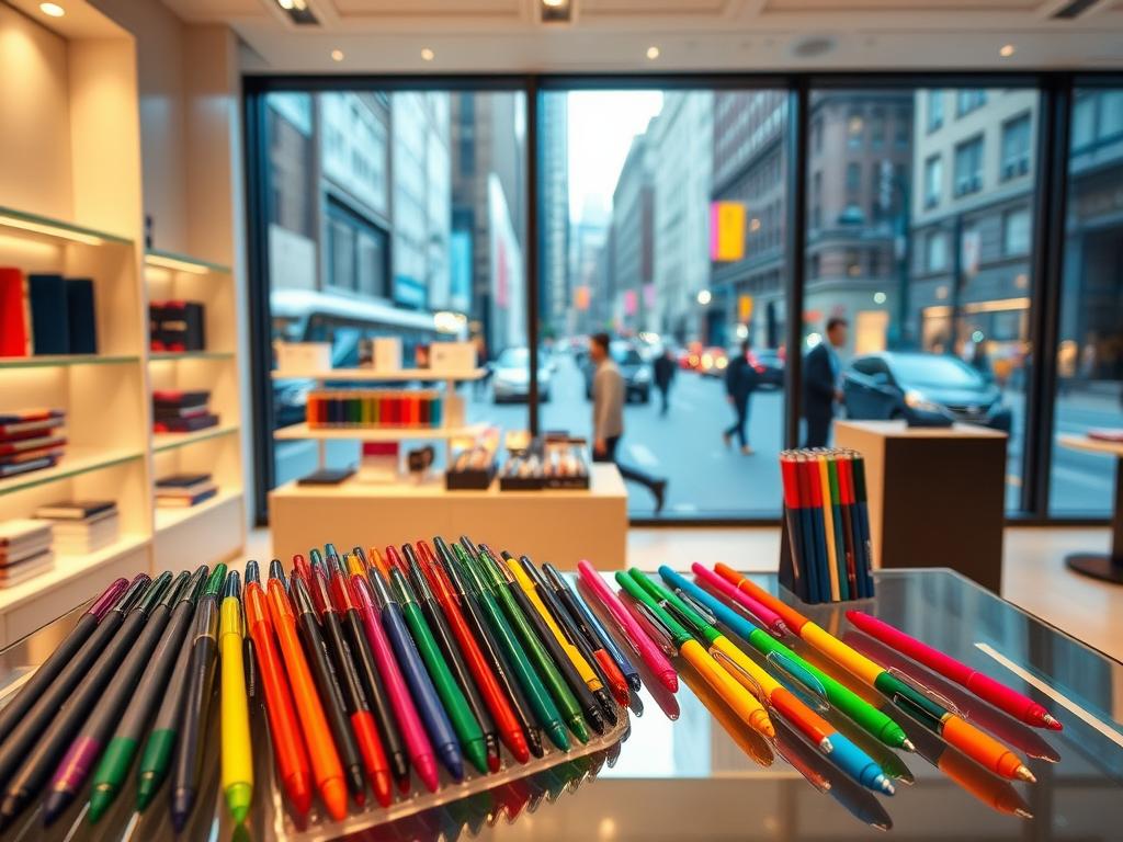 A vibrant display of pen sale promotions in a modern American retail setting. In the foreground, an array of colorful pens and markers are showcased on a sleek, glass display table, bathed in warm, directional lighting that accentuates their glossy finishes. In the middle ground, a backdrop of clean, minimalist shelving showcases additional pen and stationery products, while the background features large windows revealing a bustling city street, creating a sense of dynamic urban energy. The overall composition conveys a sense of high-quality, stylish merchandise and enticing sales opportunities for the discerning pen enthusiast.