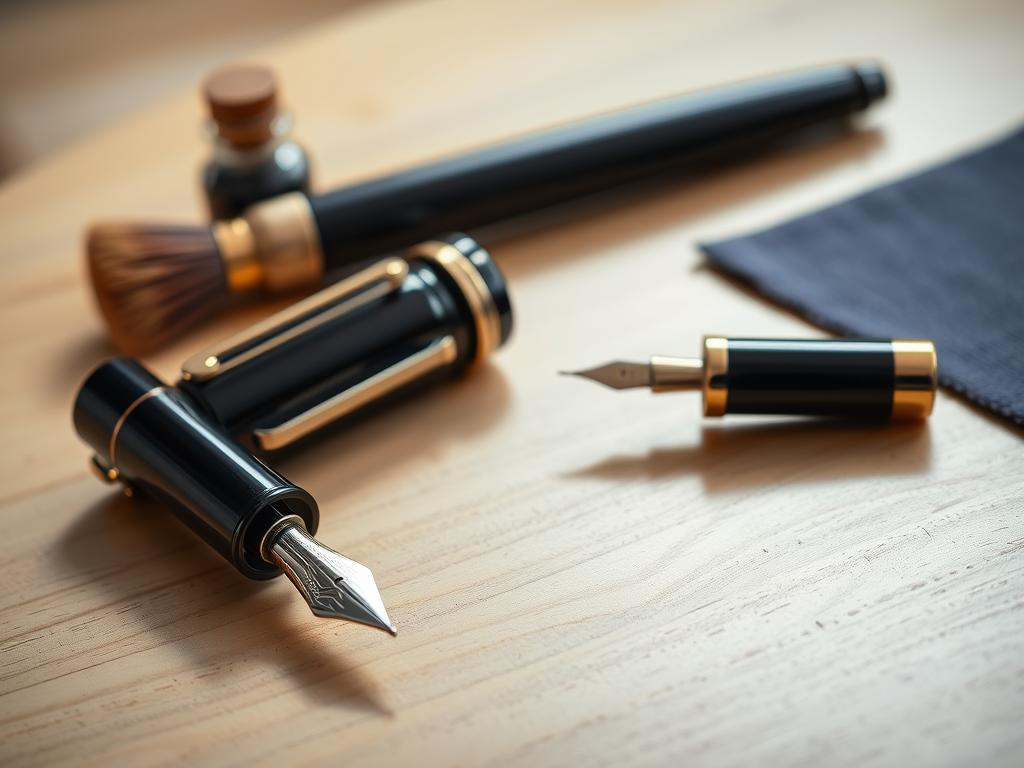 A well-lit, close-up shot of a luxury fountain pen disassembled on a clean, wooden table. The pen's intricate components are meticulously arranged, showcasing the craftsmanship and attention to detail. A small brush, an ink bottle, and a polishing cloth are placed nearby, hinting at the delicate maintenance process. Soft, directional lighting casts subtle shadows, highlighting the sheen of the metal nib and the depth of the lacquered barrel. The overall composition exudes a sense of precision, care, and the reverence one would have for a high-quality, valuable writing instrument.
