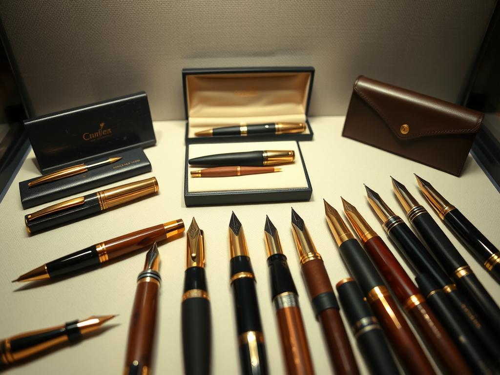 A well-lit, high-angle shot showcasing a curated display of iconic luxury pen brands. In the foreground, a selection of meticulously crafted pens in a range of classic and contemporary designs, their rich materials and finishes gleaming under soft, directional lighting. In the middle ground, elegant pen cases and holsters, hinting at the heritage and exclusivity of these prestigious brands. The background features a subtle, textured backdrop, suggesting a sophisticated, museum-like setting that elevates the timeless appeal of these legendary writing instruments.
