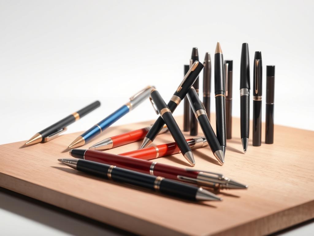 A well-lit studio setting featuring a carefully curated arrangement of stylish, high-quality pens in a variety of colors and designs. The pens are positioned on a sleek, minimalist surface, perhaps made of wood or metal, with a plain background that allows the pens to be the focal point. Soft, directional lighting creates subtle highlights and shadows, emphasizing the smooth surfaces and elegant lines of the writing instruments. The overall mood is sophisticated and inviting, showcasing pens that are not only functional for smudge-free writing but also visually appealing and aesthetically pleasing.