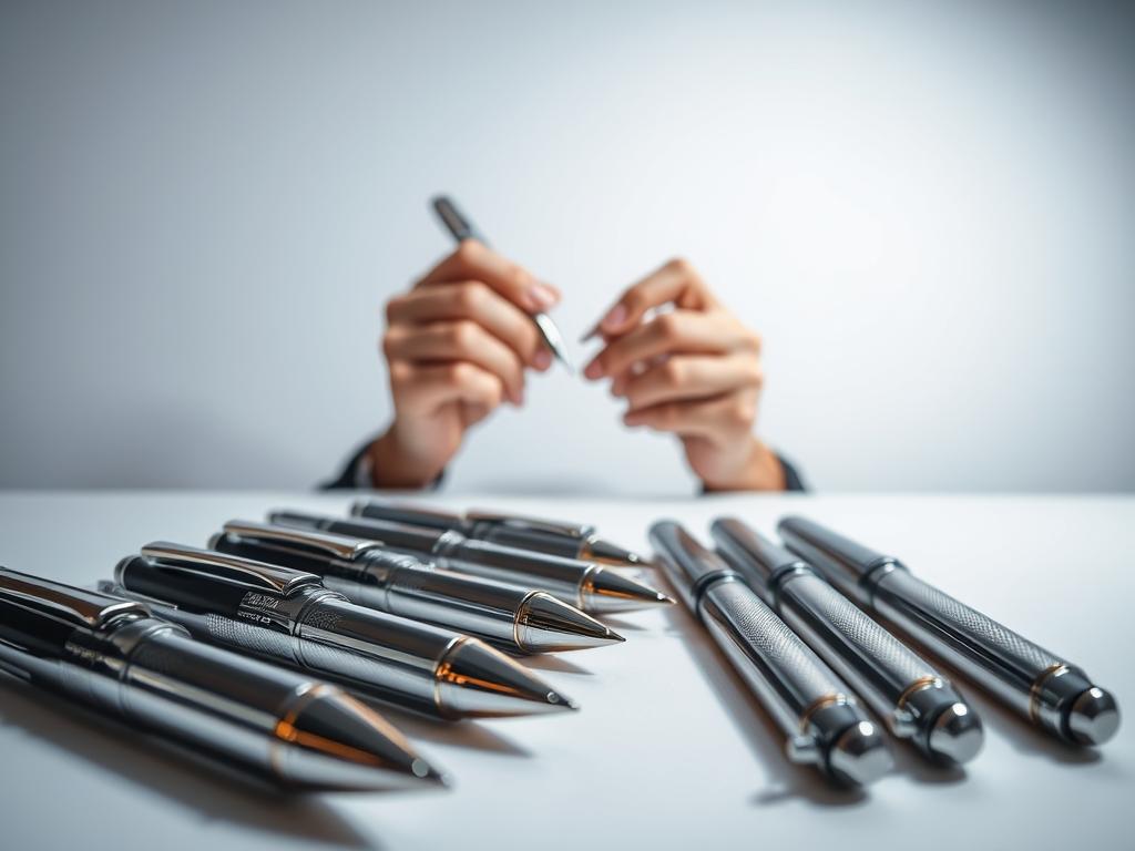 A well-lit studio setting with a sleek and modern aesthetic. In the foreground, an array of expertly-reviewed luxury pens neatly arranged on a minimalist desk. The pens are captured in sharp focus, their metallic bodies and intricate engravings gleaming under the soft, directional lighting. In the middle ground, a pair of hands delicately examining one of the pens, showcasing its weight, balance, and writing performance. The background features a clean, white wall, creating a high-contrast and professional backdrop that emphasizes the craftsmanship of the featured products. The overall mood is one of refined sophistication, conveying the expertise and authority of the pen reviews.
