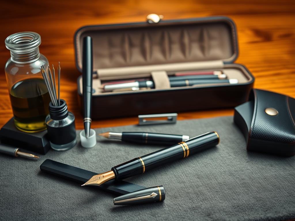 A well-organized and meticulously crafted still life composition capturing the essential tools for maintaining and enhancing a premium pen collection. In the foreground, a sleek fountain pen, its nib glistening, rests atop a plush velvet surface. Surrounding it, an array of specialized cleaning brushes, a bottle of luxury ink, and a magnetic pen rest. The middle ground features a high-quality leather pen case, its interior lined with soft suede, ready to protect and display the prized writing instruments. In the background, a hardwood desk with a subtle grain, bathed in warm, directional lighting that accentuates the textures and colors of the scene, creating a sense of refined elegance and attention to detail.