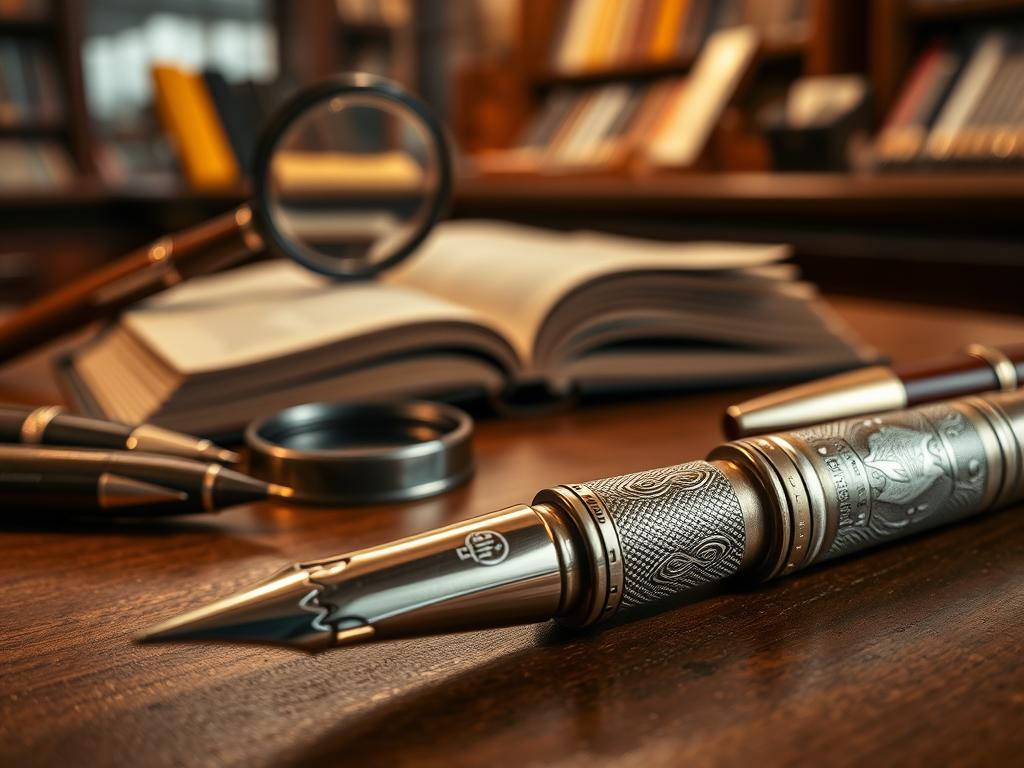 An expertly-lit closeup of a vintage fountain pen on a wooden table, surrounded by a collection of other rare and collectible pens. The antique pen's engraved metal body gleams in the soft, directional lighting, highlighting its elegant, timeless design. In the middle ground, a magnifying glass and a reference book on pen collecting hint at the meticulous evaluation process. The background is a blurred, warm-toned interior, evoking the atmosphere of a specialized auction house or vintage store. The overall mood is one of connoisseurship, attention to detail, and the perceived value of these exceptional writing instruments.