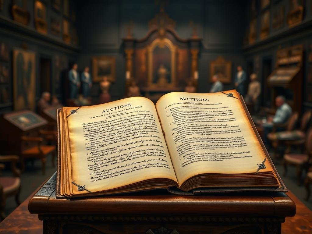 Auction terms and conditions displayed on a weathered leather-bound ledger, placed atop a wooden auction podium. Soft, diffused lighting illuminates the page, revealing intricate handwritten text and detailed legal jargon. The background is a dimly lit auction house interior, with rows of antique furniture and collectibles visible in the distance. A sense of history and gravitas permeates the scene, conveying the importance and formality of the auction process.