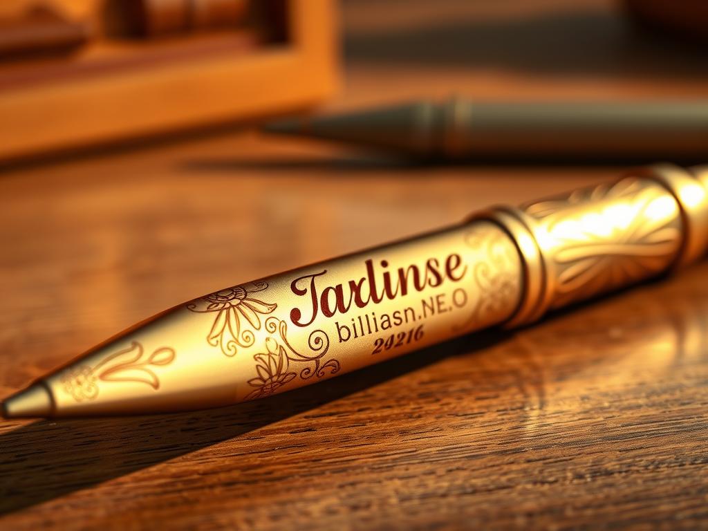 Highly detailed and photorealistic engraved pen design, rendered in warm golden tones with intricate floral patterns and elegant calligraphic flourishes. The pen's metallic surface reflects soft, directional lighting, casting gentle shadows that accentuate the depth and texture of the engraved details. The composition features the pen in the foreground, slightly tilted and positioned against a blurred background of a wooden table or desk, creating a sense of depth and focus on the personalized engraving. The overall mood is one of refined sophistication and attention to detail, befitting a special occasion or corporate gift.