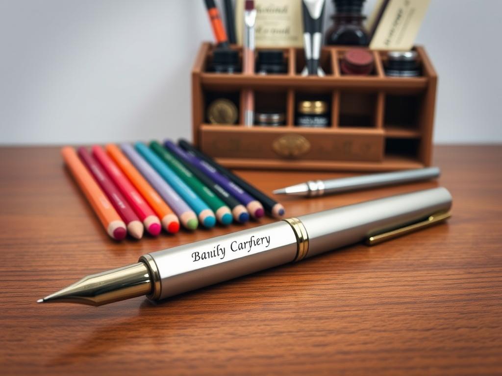 Personalized writing tools arranged artfully on a minimalist, wooden table. In the foreground, a custom-engraved fountain pen, its nib gleaming under a soft, directional light. In the middle ground, an array of colorful, high-quality pencils and a sleek mechanical pencil, their tips sharpened to a fine point. In the background, a vintage-inspired desk organizer, its compartments filled with specialty inks, wax seals, and other thoughtful accoutrements. The scene exudes a sense of craftsmanship, individuality, and a reverence for the written word.