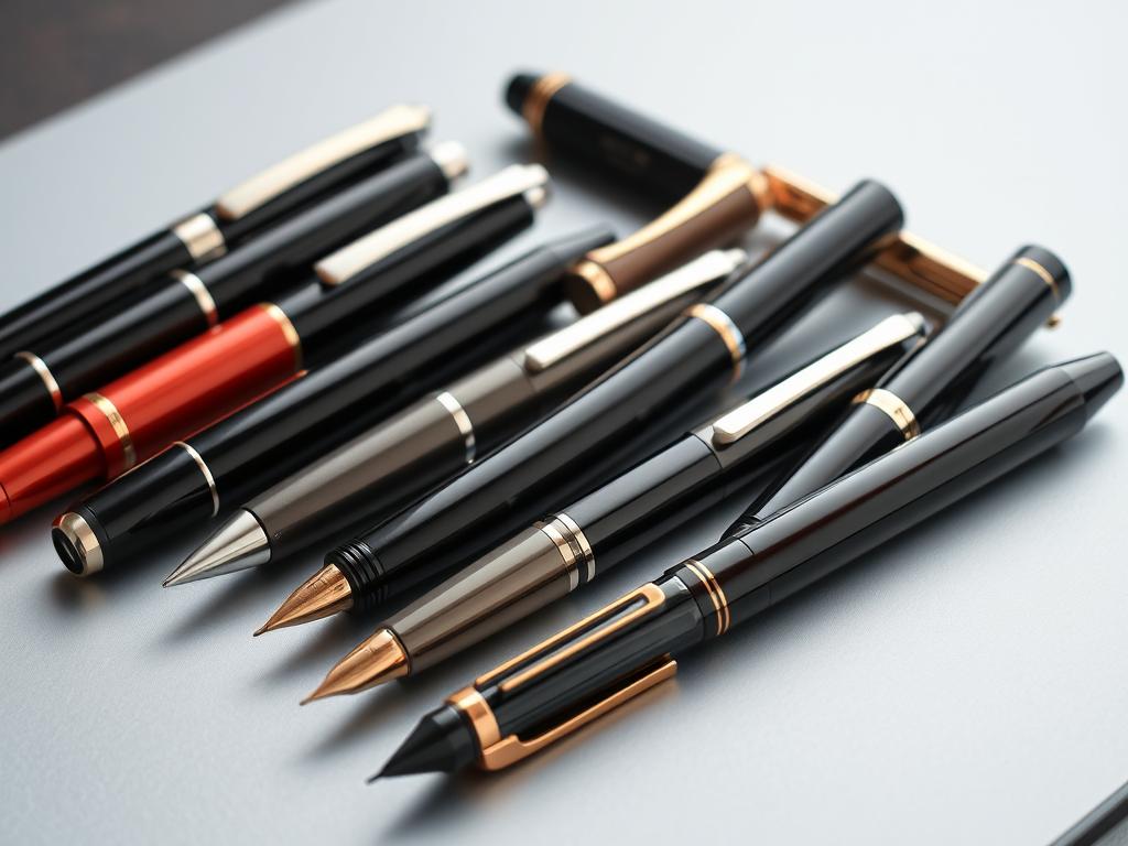 a detailed, high-quality photograph of an assortment of premium fountain pens, ballpoint pens, and rollerball pens from well-known luxury brands like Montblanc, Waterman, Caran d'Ache, Cross, and Lamy, arranged on a sleek, minimalist surface with soft, even lighting highlighting the elegant designs and premium materials like metal, lacquer, and resin, with a crisp, clean, and professional aesthetic suitable for a magazine article on luxury pen brands